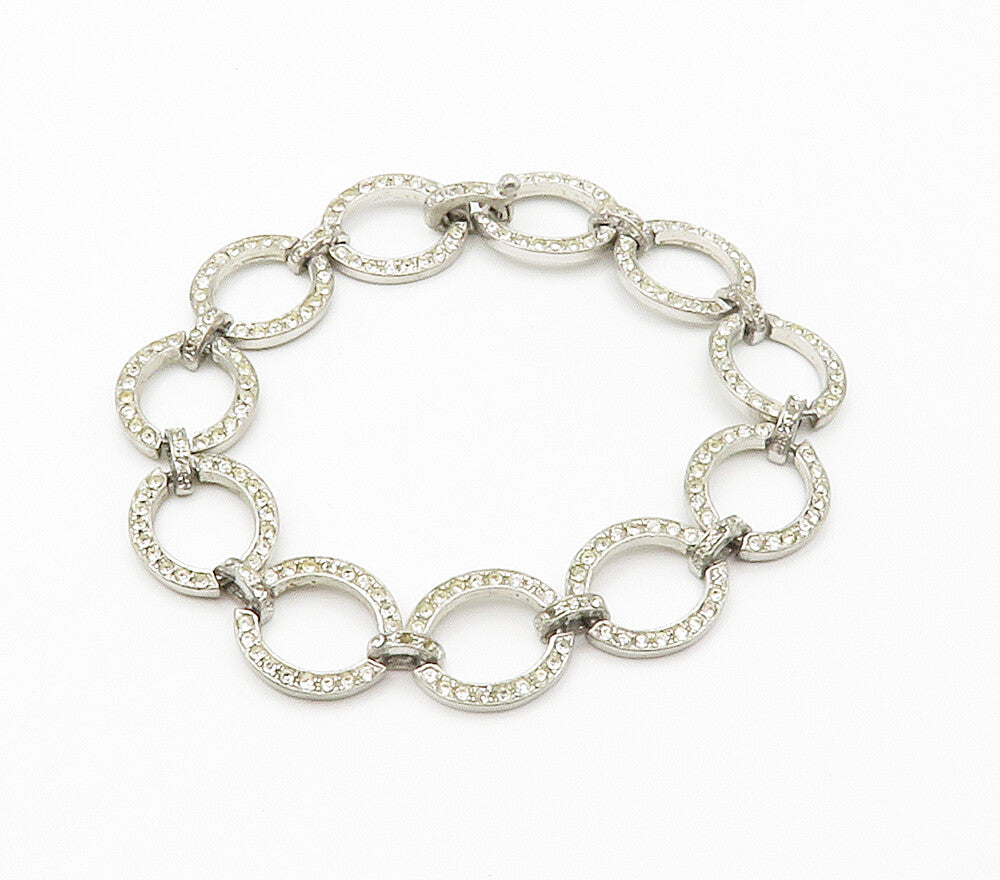 925 Sterling Silver  Vintage White Topaz Open Oval Chain Bracelet  BT5944