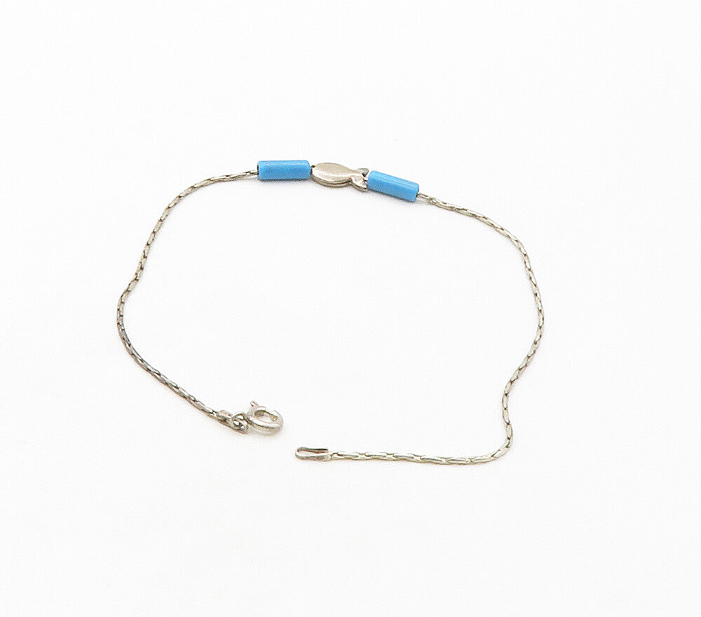 925 Sterling Silver  Vintage Turquoise Barrel Bead Fish Chain Bracelet  BT6567