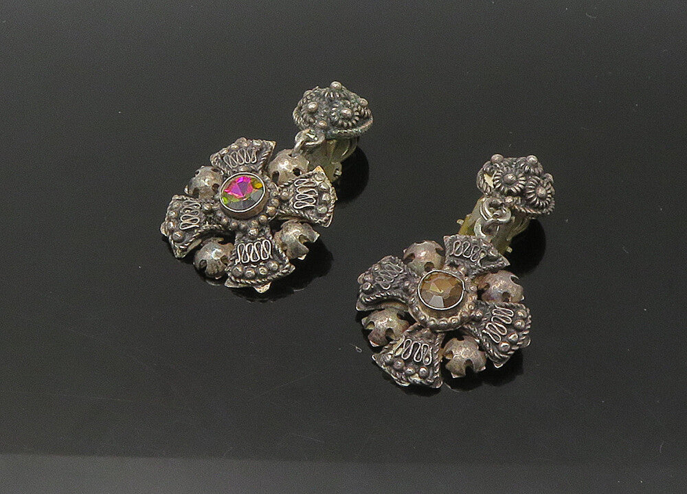 JERUSALEM 925 Silver  Vintage Antique Topaz Cross Non Pierce Earrings  EG10948