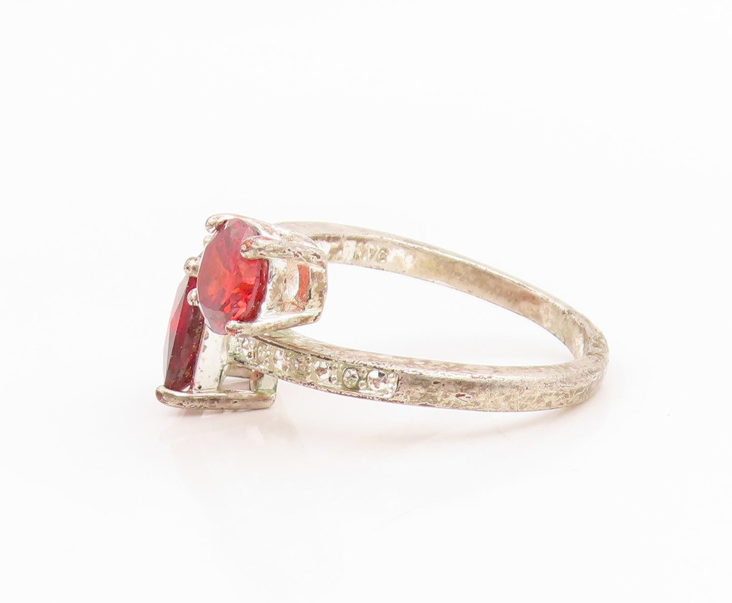 925 Sterling Silver Vintage Ring Two Shape Red CZ Elegant Bypass  Sz 6  RG34620