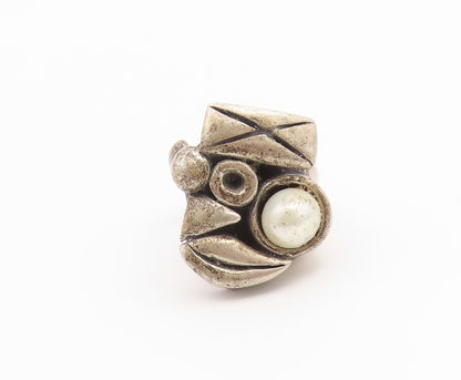 925 Sterling Silver Vintage Ring Pearl Brutalist Carved Band  Sz 6.5  RG36688