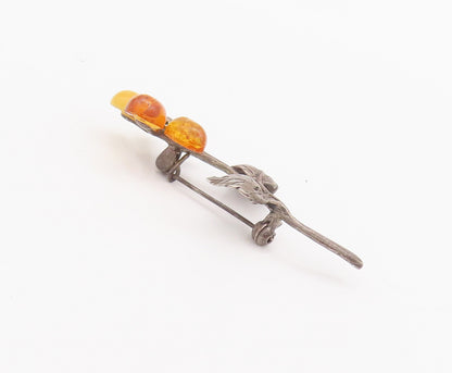 925 Sterling Silver Vintage Brooch Pin POLAND Amber Leaves Carved Flower BP10681