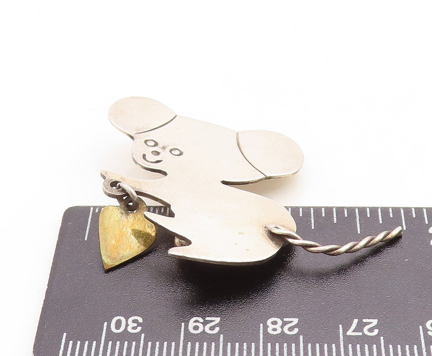 925 Sterling Silver Vintage Brooch Pin MEXICO Puppy Dangling Heart  BP11413