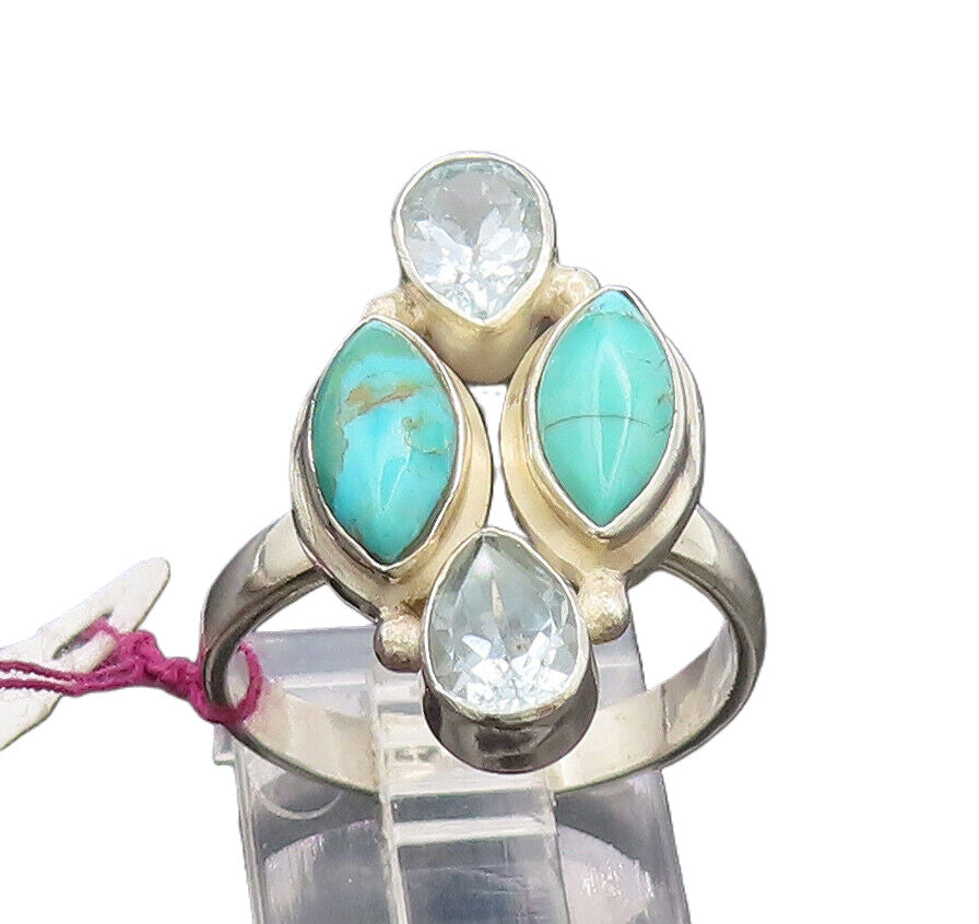 925 Silver  Vintage 2 Stone Blue Topaz & Turquoise Solid Ring Sz 7.75  RG26827