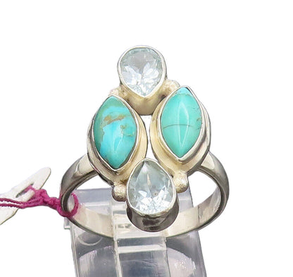 925 Silver  Vintage 2 Stone Blue Topaz & Turquoise Solid Ring Sz 7.75  RG26827