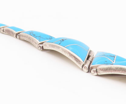 925 Sterling Silver Vintage Bracelet Modernist Cabochon Turquoise Link  BT12187