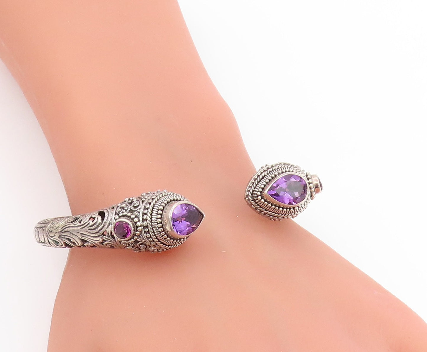 925 Sterling Silver Vintage Bracelet SARDA Amethyst Scrollwork Cuff  BT11768