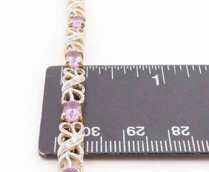 925 Sterling Silver Vintage Bracelet Gold Plated Elegant Amethyst Link  BT12007