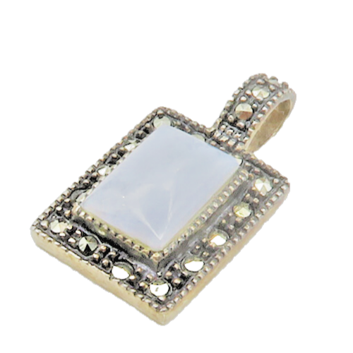 925 Sterling Silver  Vintage Blue Agate & Marcasite Square Pendant  PT13591