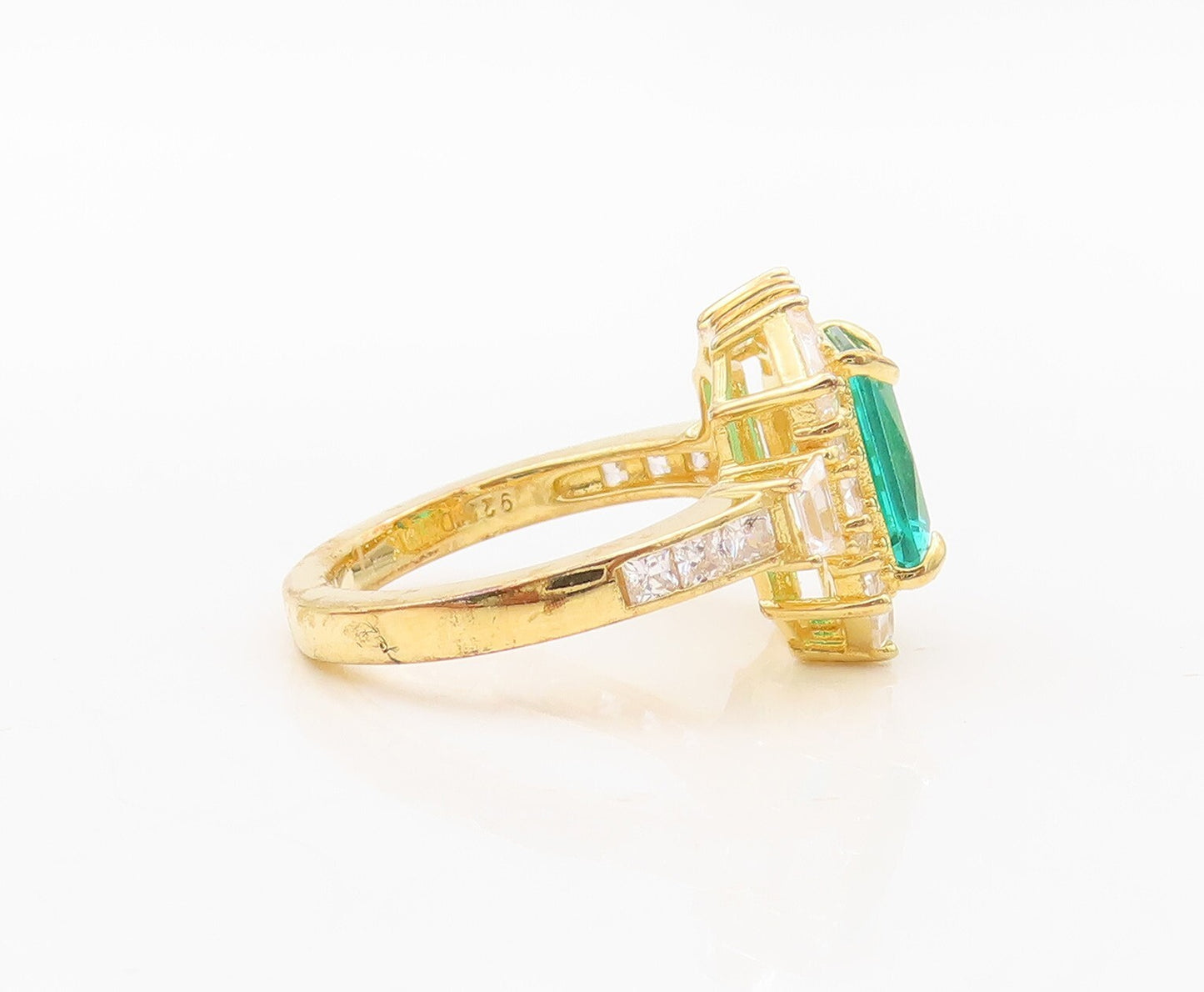 925 Sterling Silver Vintage Ring Gold Plated Sea Green & White CZ Sz 7.5 RG30245