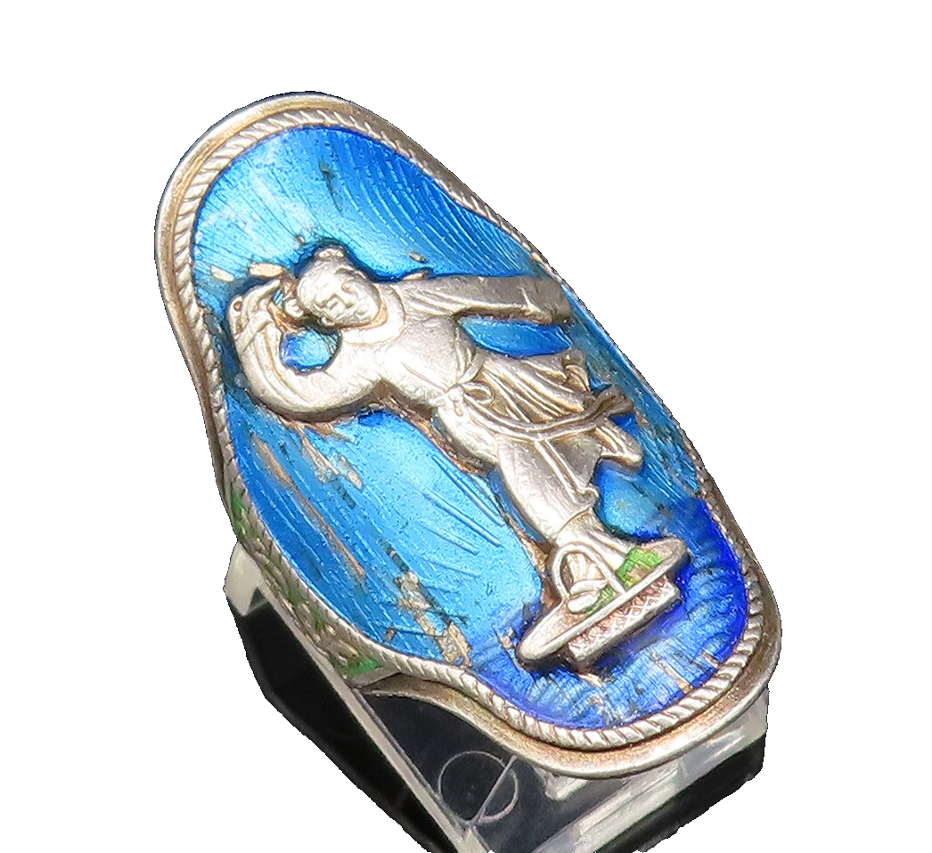 CHINESE 925 Silver  Vintage Enamel Carved Man With Robe Ring Sz 6  RG25816