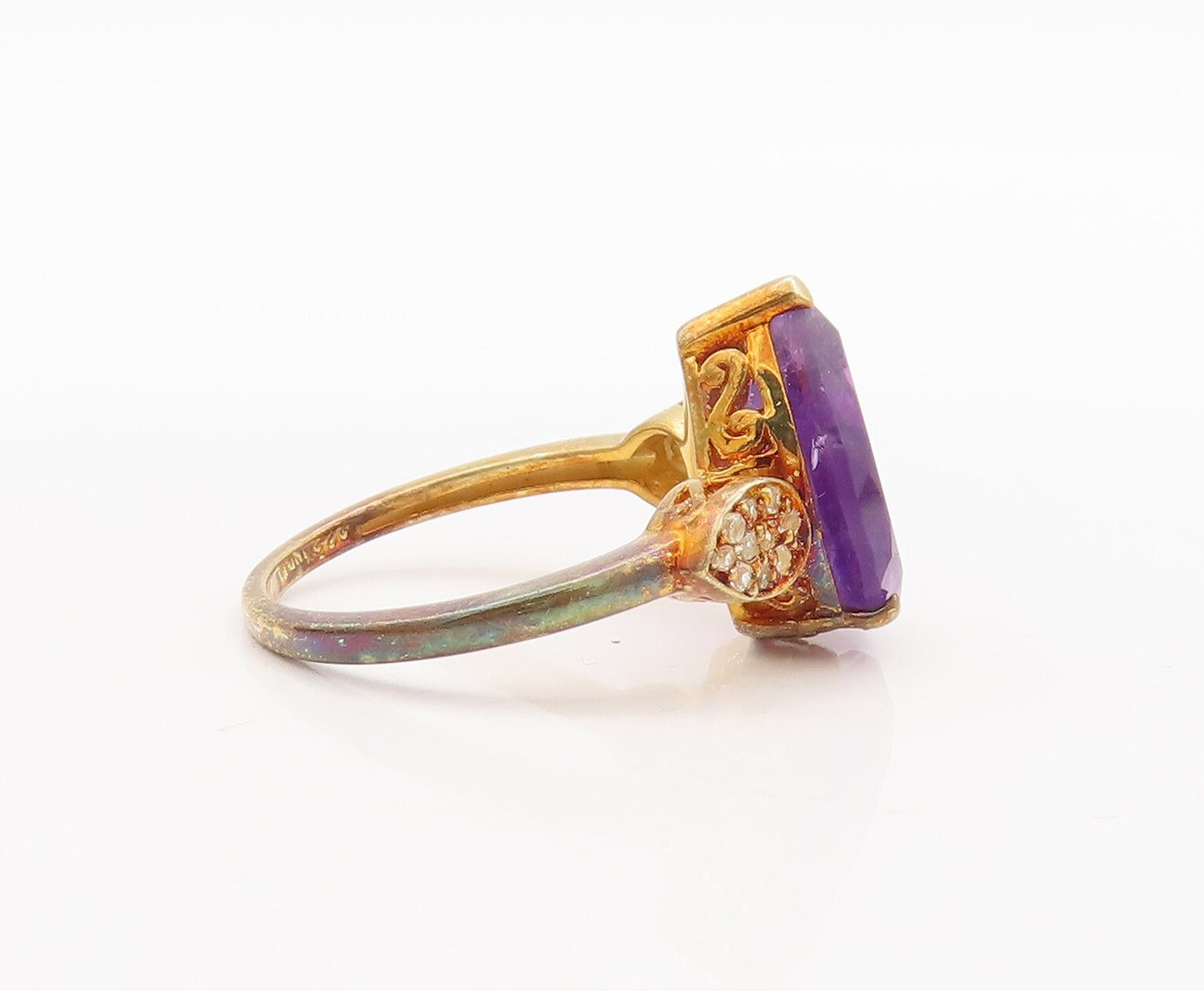 925 Sterling Silver Vintage Ring Gold Plated Drop Amethyst Topaz  Sz 8  RG29773