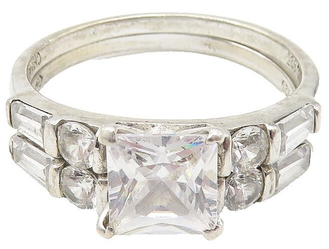 925 Sterling Silver  Cubic Zirconia Solitaire & Band Ring Set Sz 11  RG11296