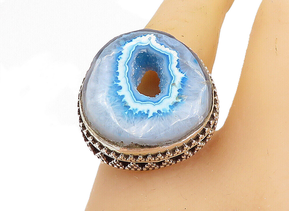 925 Sterling Silver  Blue Agate Patterned Border Cocktail Ring Sz 10.5  RG8175