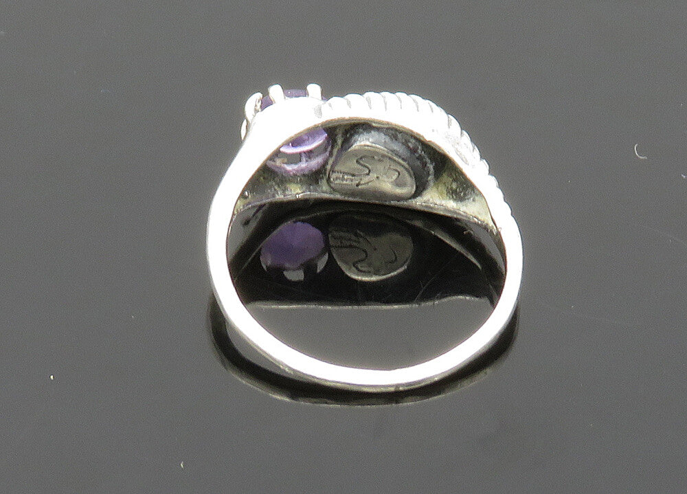 925 Sterling Silver  Vintage Amethyst Etched Detail Band Ring Sz 5  RG20427