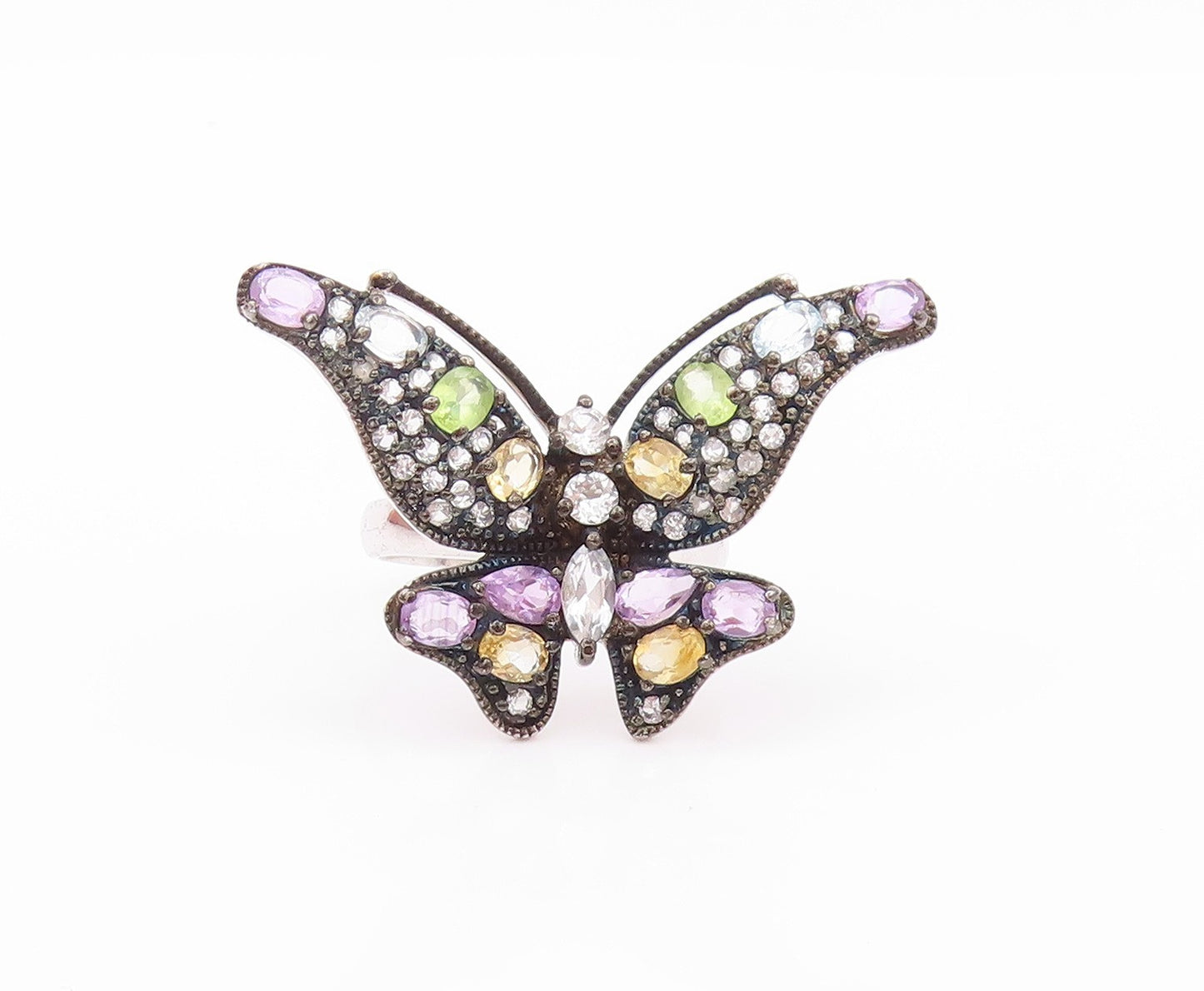 925 Sterling Silver Vintage Ring Gemstones And CZ Butterfly  Sz 8  RG32443