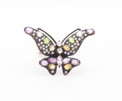 925 Sterling Silver Vintage Ring Gemstones And CZ Butterfly  Sz 8  RG32443