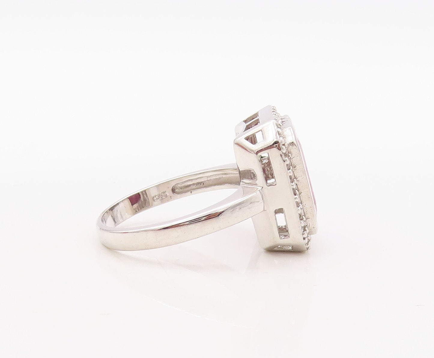 925 Sterling Silver Vintage Ring Rectangle Gemstone Halo CZ Frame Sz 9.5 RG30926