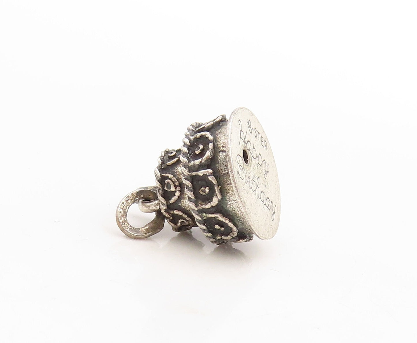 925 Sterling Silver Vintage Pendant Dark Tone Carved Cake Charm  PT23712