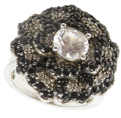 925 Silver  Cubic Zirconia & Hematite Flower Motif Cocktail Ring Sz 6  RG15123