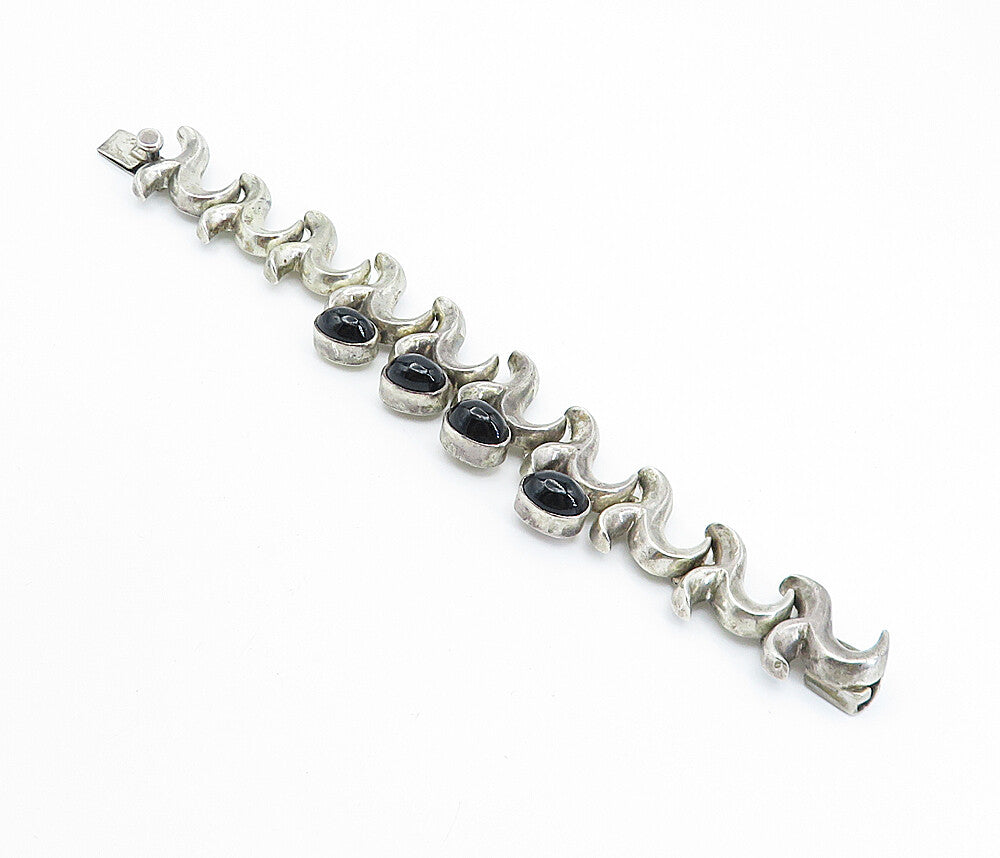 MEXICO 925 Sterling Silver Vintage Black Onyx Swirl Chain Bracelet  BT2816