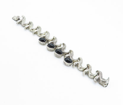 MEXICO 925 Sterling Silver Vintage Black Onyx Swirl Chain Bracelet  BT2816