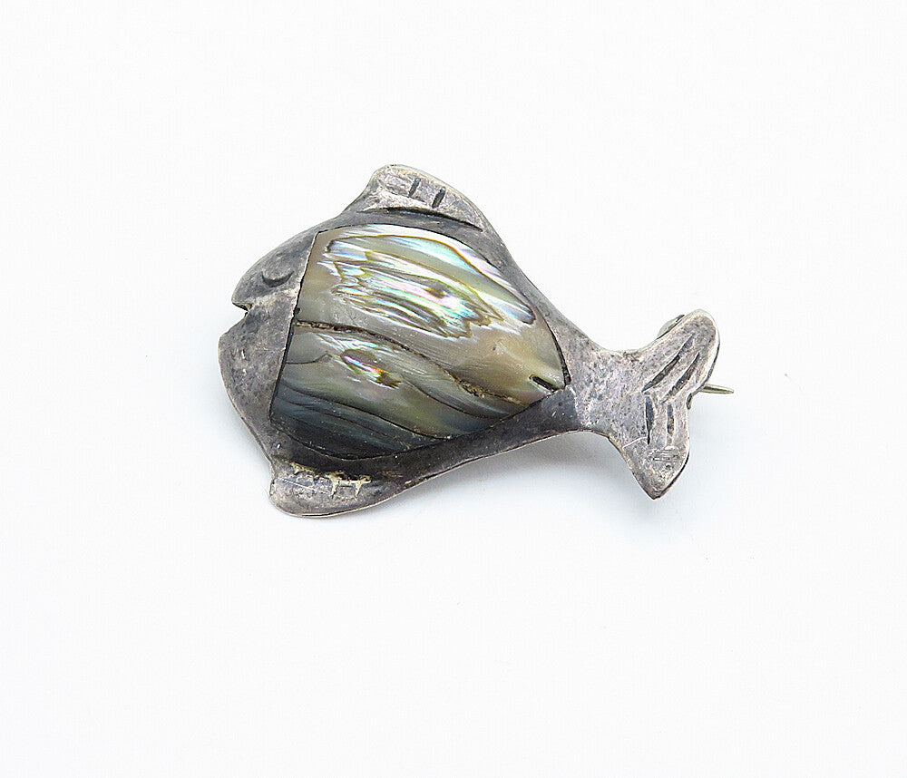 JAF TAXCO 925 Silver  Vintage Abalone Shell Fish Motif Brooch Pin  BP2822