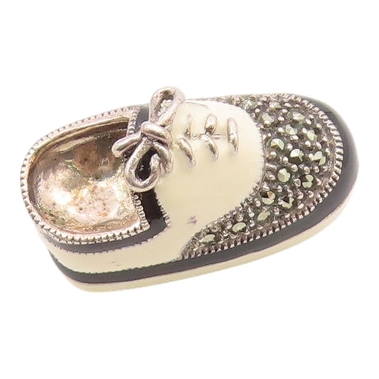 JUDITH JACK 925 Silver  Vintage Marcasite & Enamel Shoe Brooch Pin  BP3503