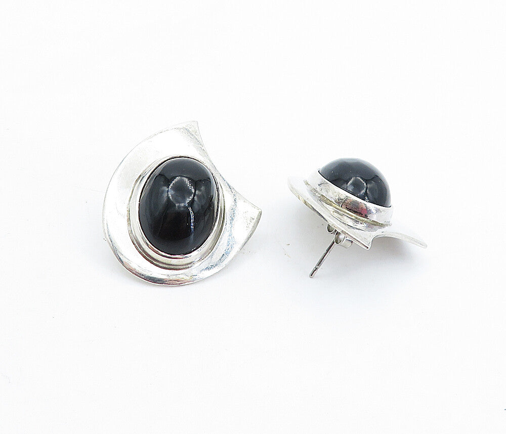 MEXICO 925 Sterling Silver  Vintage Black Onyx Shiny Drop Earrings  EG2786