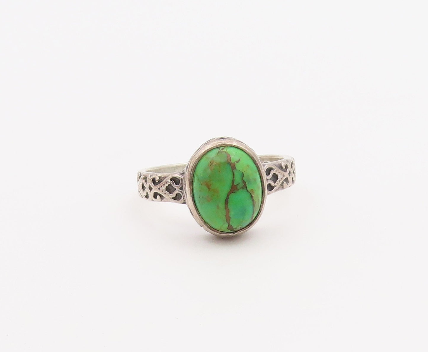 925 Sterling Silver Vintage Ring Cabochon Turquoise Scroll Band  Sz 7  RG36510