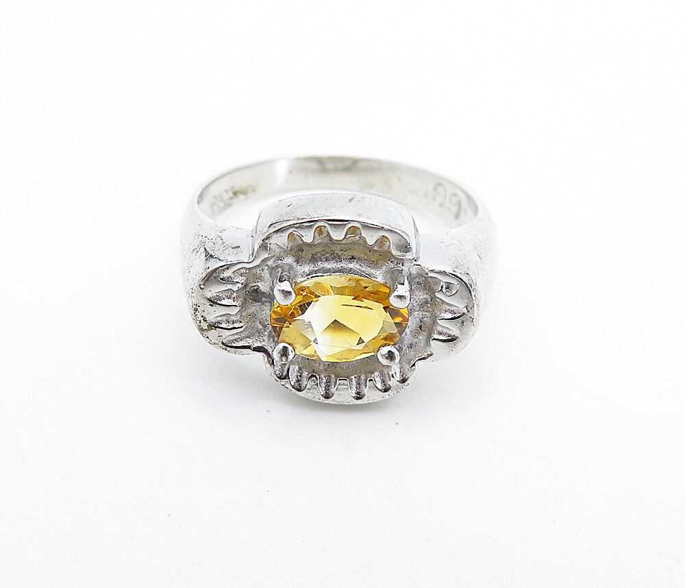925 Sterling Silver  Citrine Shiny Etched Dome Solitaire Ring Sz 6  RG7648