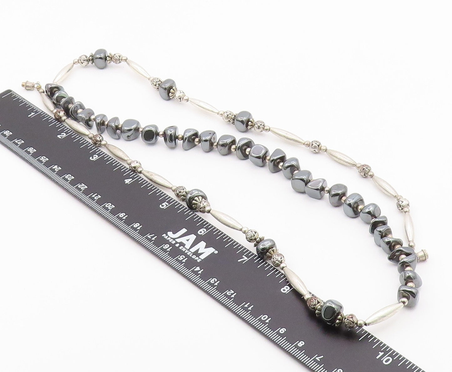 925 Sterling Silver  Vintage Engraved Ball Hematite Layered Necklace  NE3879