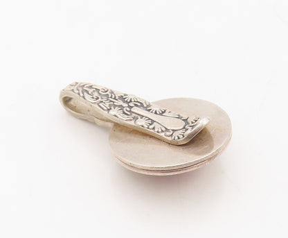 925 Sterling Silver Vintage Tie Clip Floral Carved Red Gemstone Grooved  TR3810