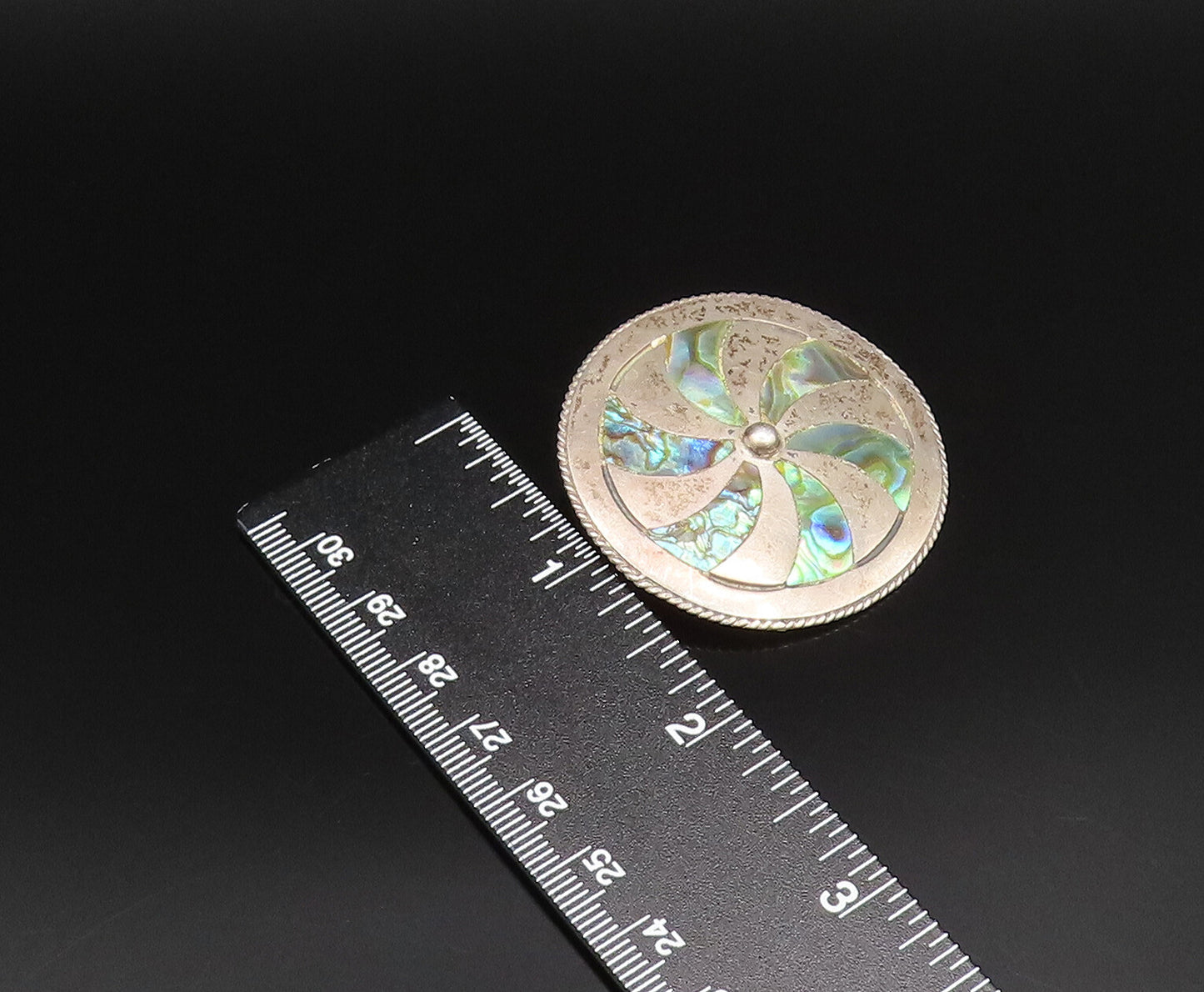 TAXCO 925 Silver  Vintage Twisted Rope Edge Abalone Fidget Brooch Pin  BP9889
