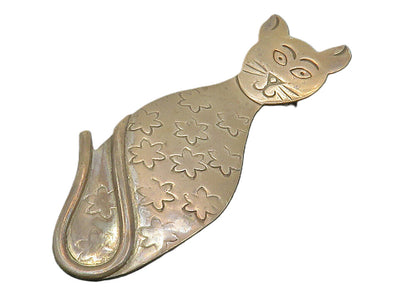 MEXICO 925 Sterling Silver  Vintage Flower Etched Cat Motif Brooch Pin  BP4640