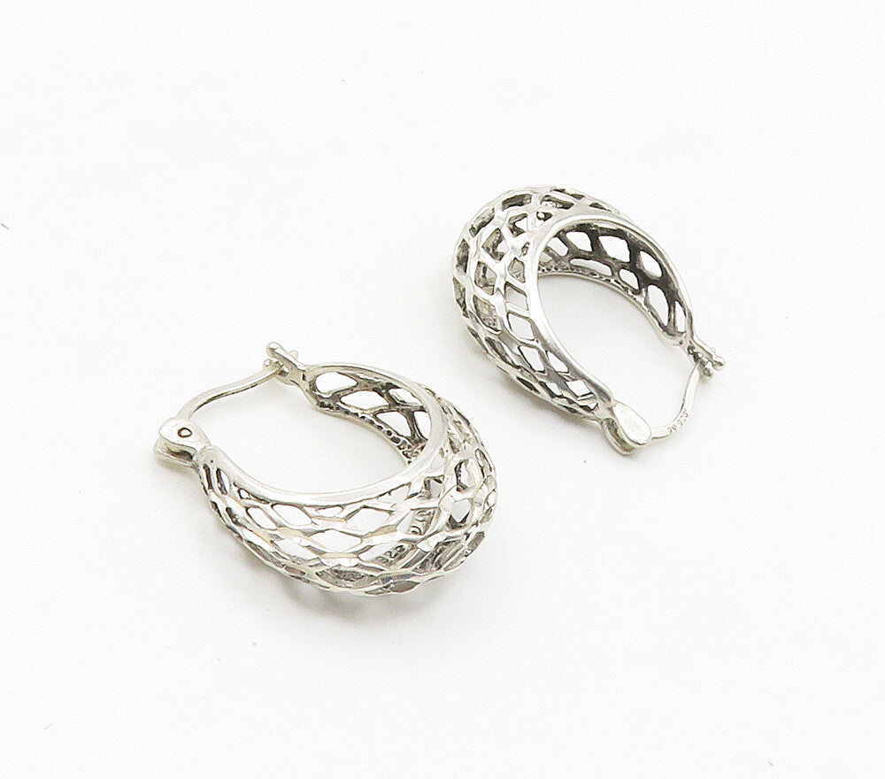 925 Sterling Silver  Vintage Shiny Open Net Style Hoop Earrings  EG7948