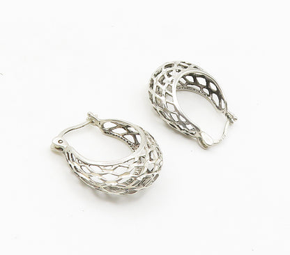 925 Sterling Silver  Vintage Shiny Open Net Style Hoop Earrings  EG7948