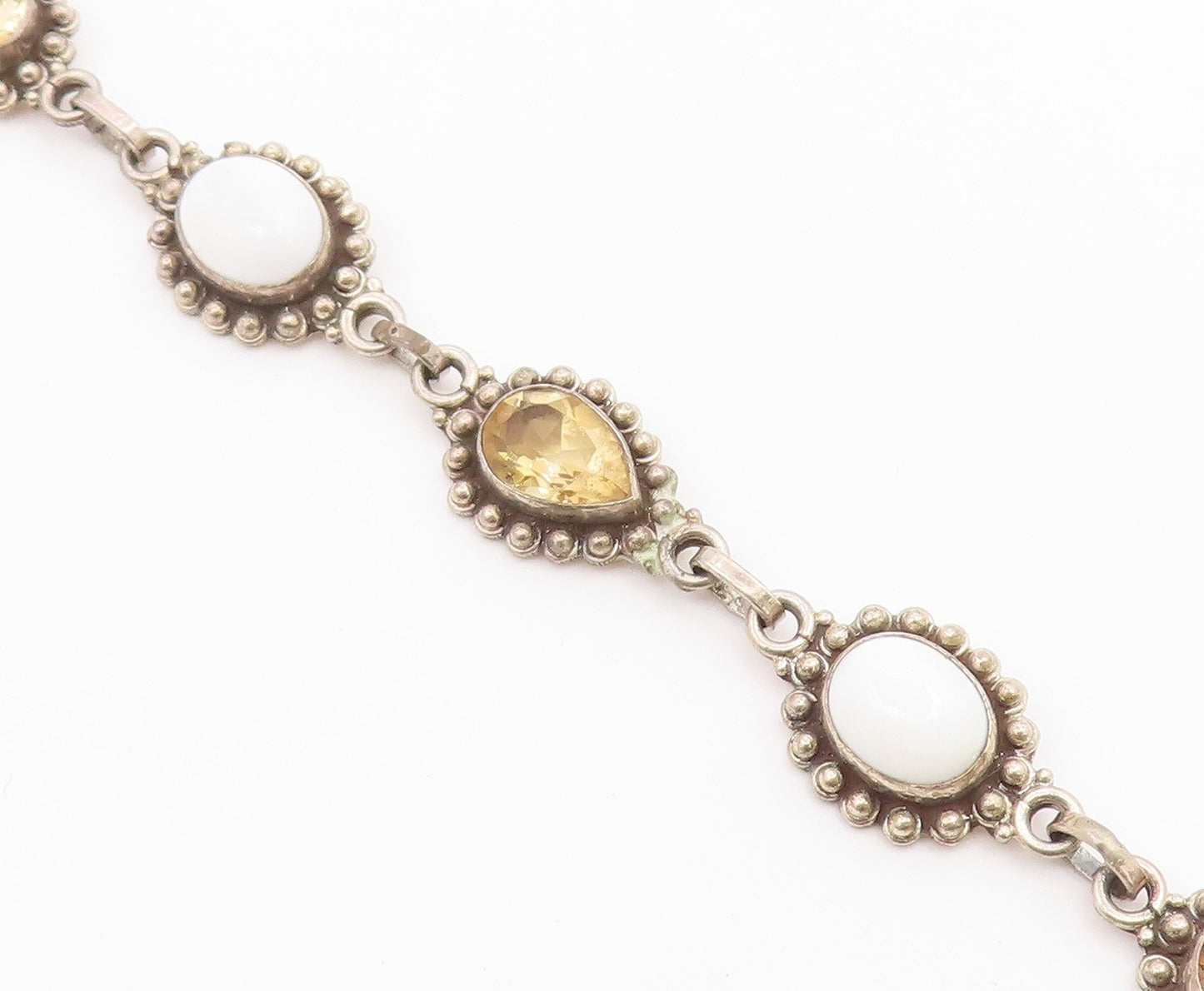 925 Sterling Silver  Vintage Citrine & White Agate Chain Bracelet  BT3606