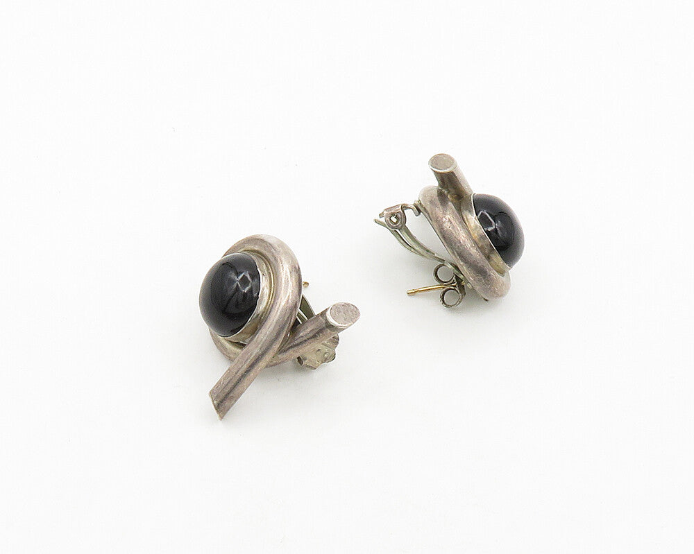 925 Silver & 14K GOLD  Vintage Cabochon Black Onyx Drop Earrings  EG9675