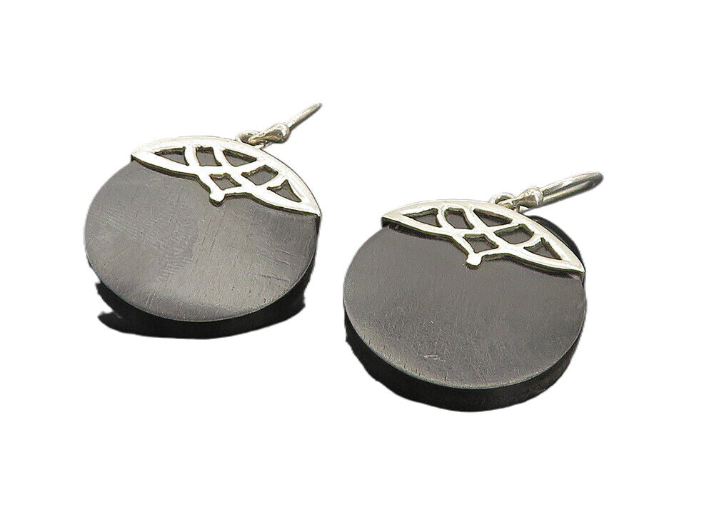 925 Sterling Silver  Vintage Black Wooden Shiny Bail Drop Earrings  EG3159