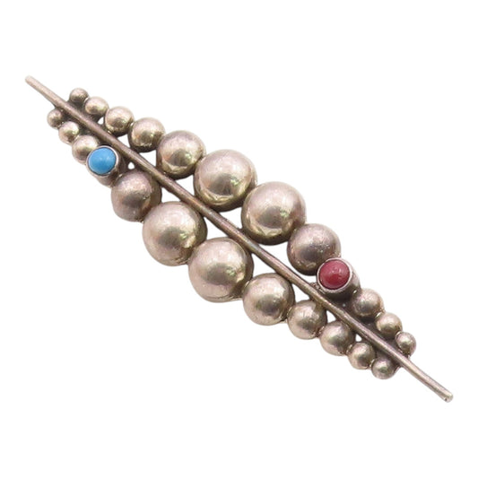 MEXICO 925 Sterling Silver Vintage Turquoise Coral Bubble Domes Brooch BP6744