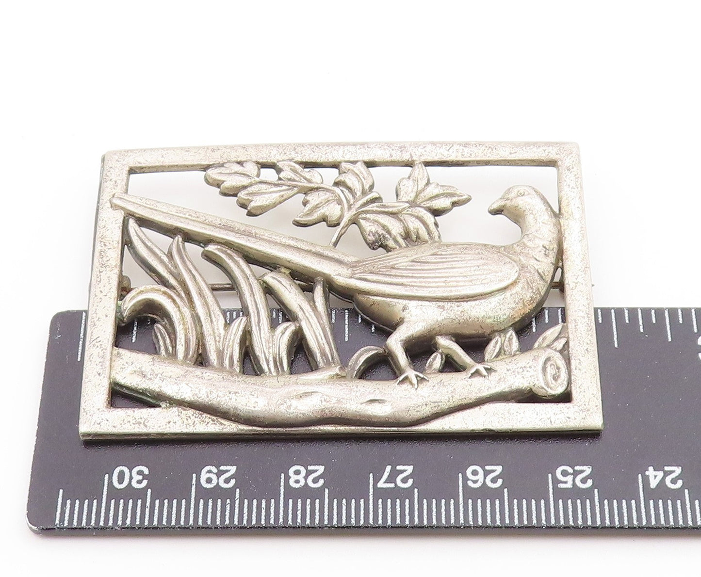 925 Sterling Silver  Vintage Long Tailed Bird Floral Motif Brooch Pin  BP6267