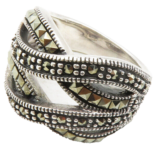 925 Sterling Silver  Vintage Marcasite Crossover Band Ring Sz 5.5  RG12344