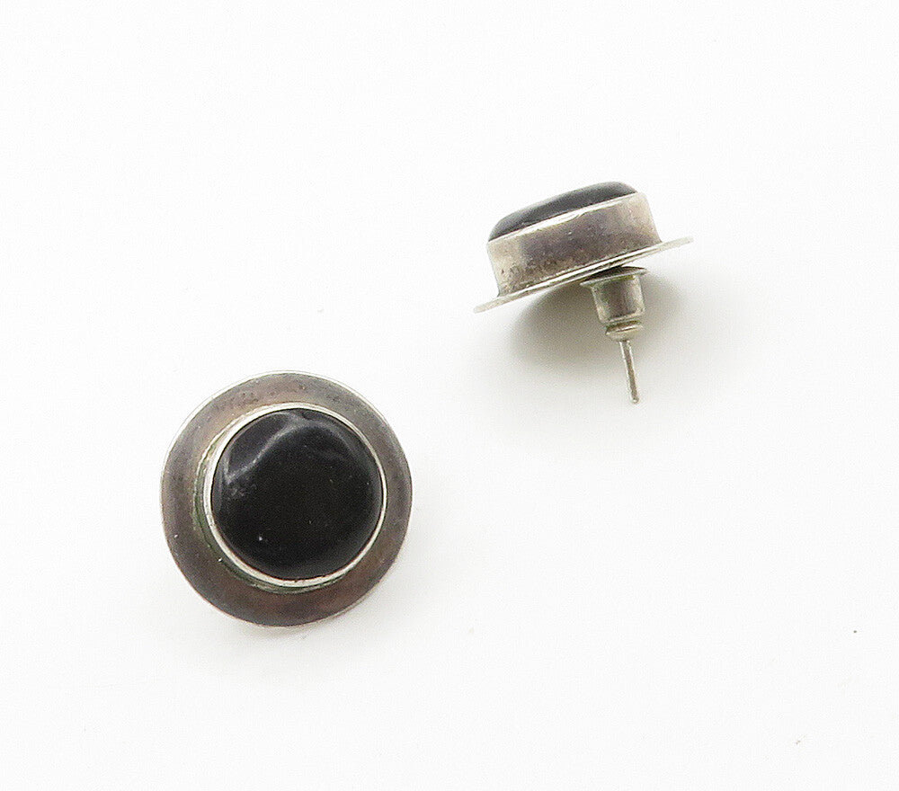 MEXICO 925 Sterling Silver  Vintage Cabochon Black Onyx Drop Earrings  EG7844