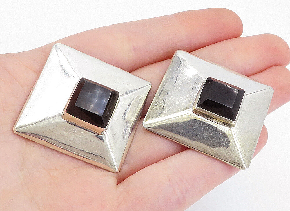 MEXICO 925 Sterling Silver  Vintage Black Onyx Square Drop Earrings  EG2373
