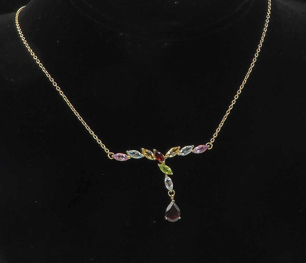 925 Sterling Silver Garnet & Multi Stone Gold Plated Chain Necklace NE1946