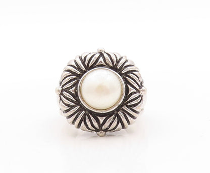 925 Sterling Silver Vintage Ring Floral Design Etched Pearl  Sz 8  RG31431