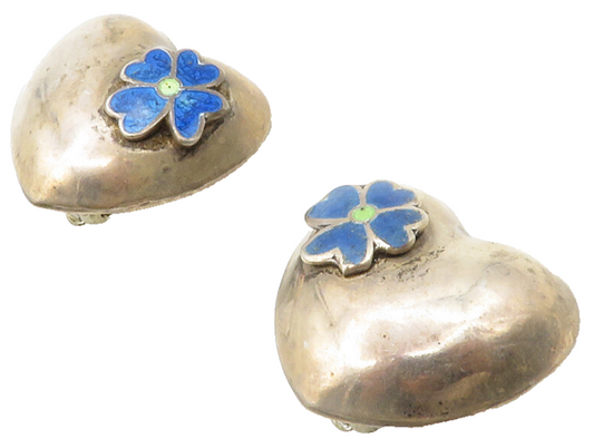 MEXICO 925 Silver  Vintage Lapis Lazuli Heart Non Pierce Earrings  EG6763