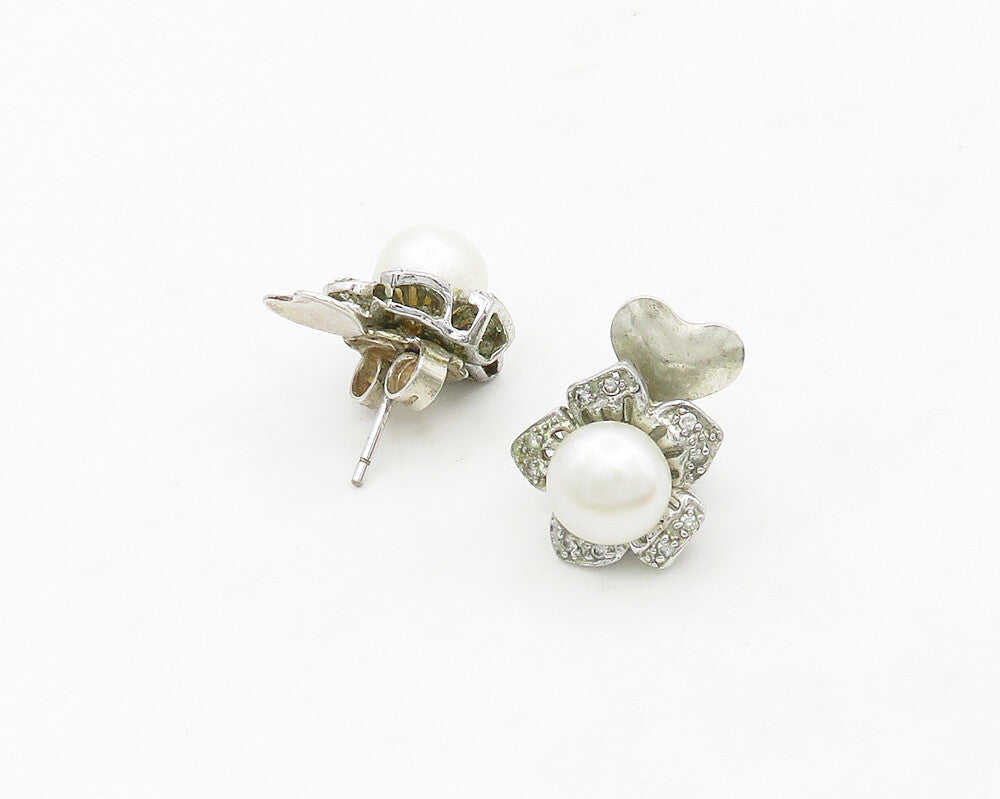 925 Sterling Silver  Vintage Pearl & Topaz Flower Motif Stud Earrings  EG9581