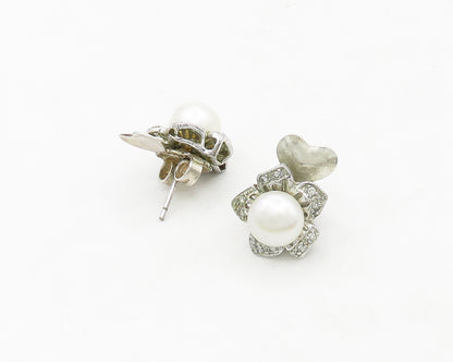 925 Sterling Silver  Vintage Pearl & Topaz Flower Motif Stud Earrings  EG9581
